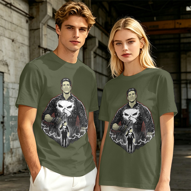 Olive T-shirt with Punisher Skull Graphic Art Print