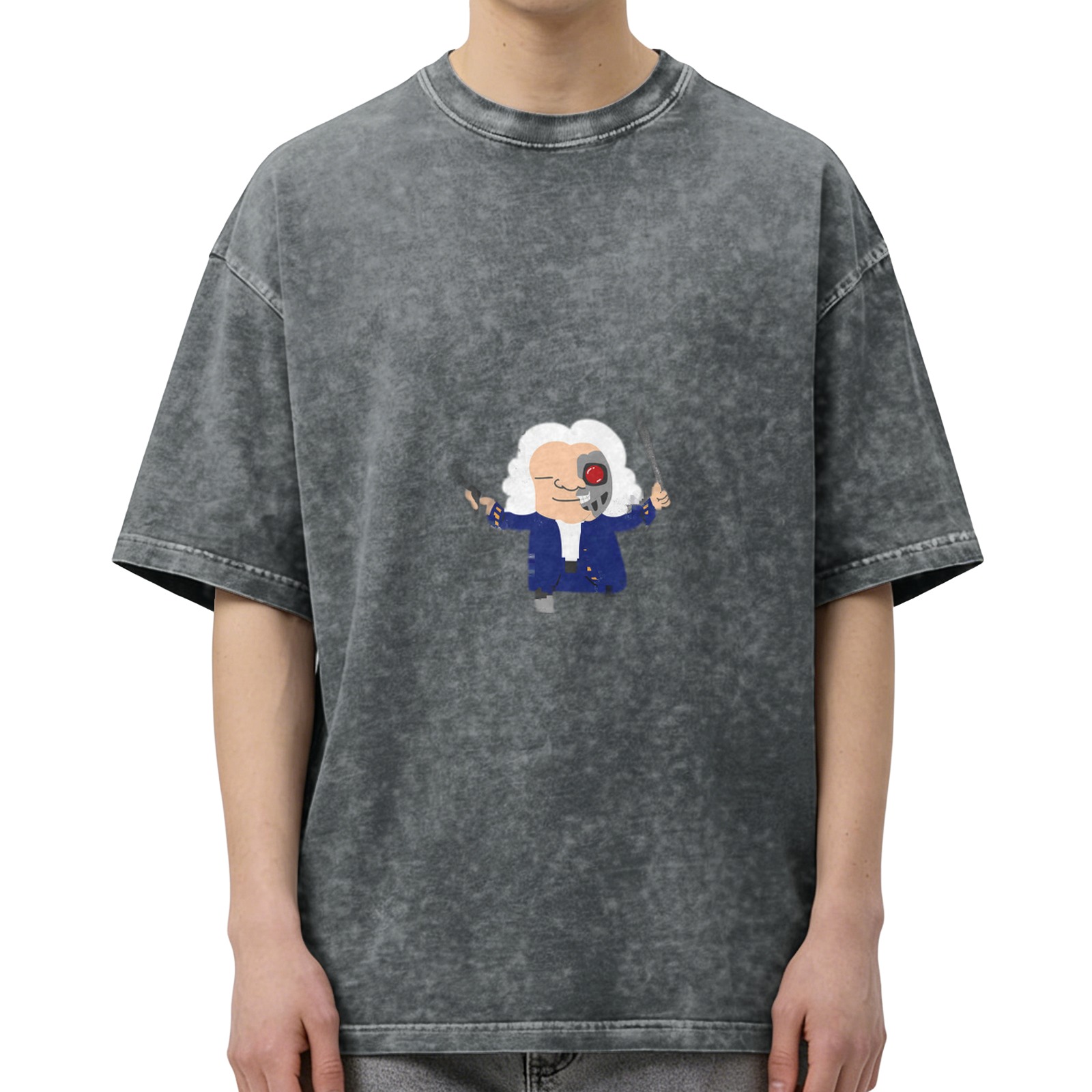 Washed black loose short-sleeved T-shirt printed with semi-mechanical classical character pattern