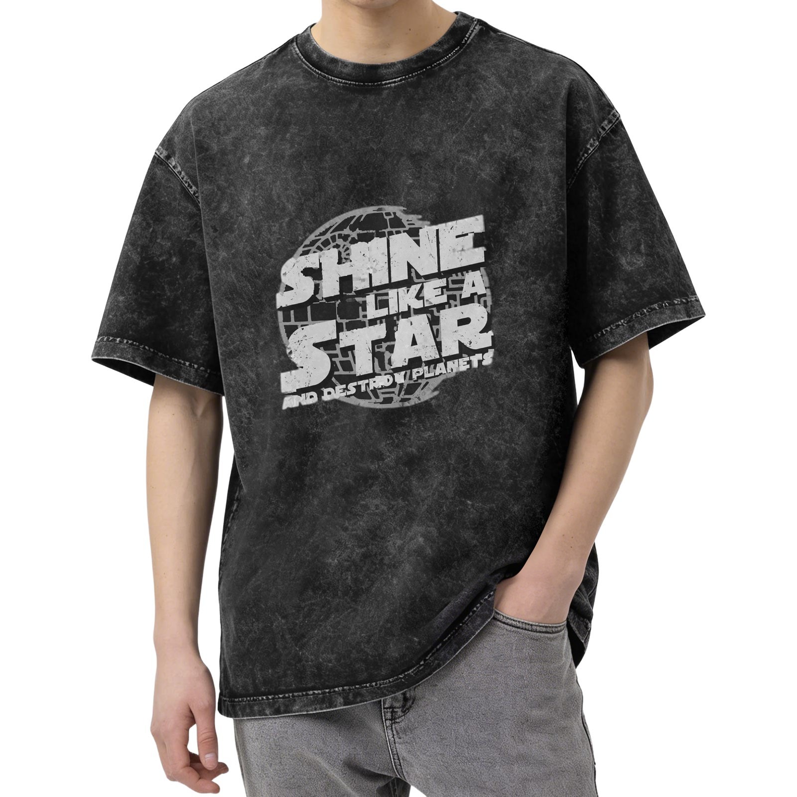 Washed Cotton T-Shirt With Shine Like A Star Destroy Planets Print