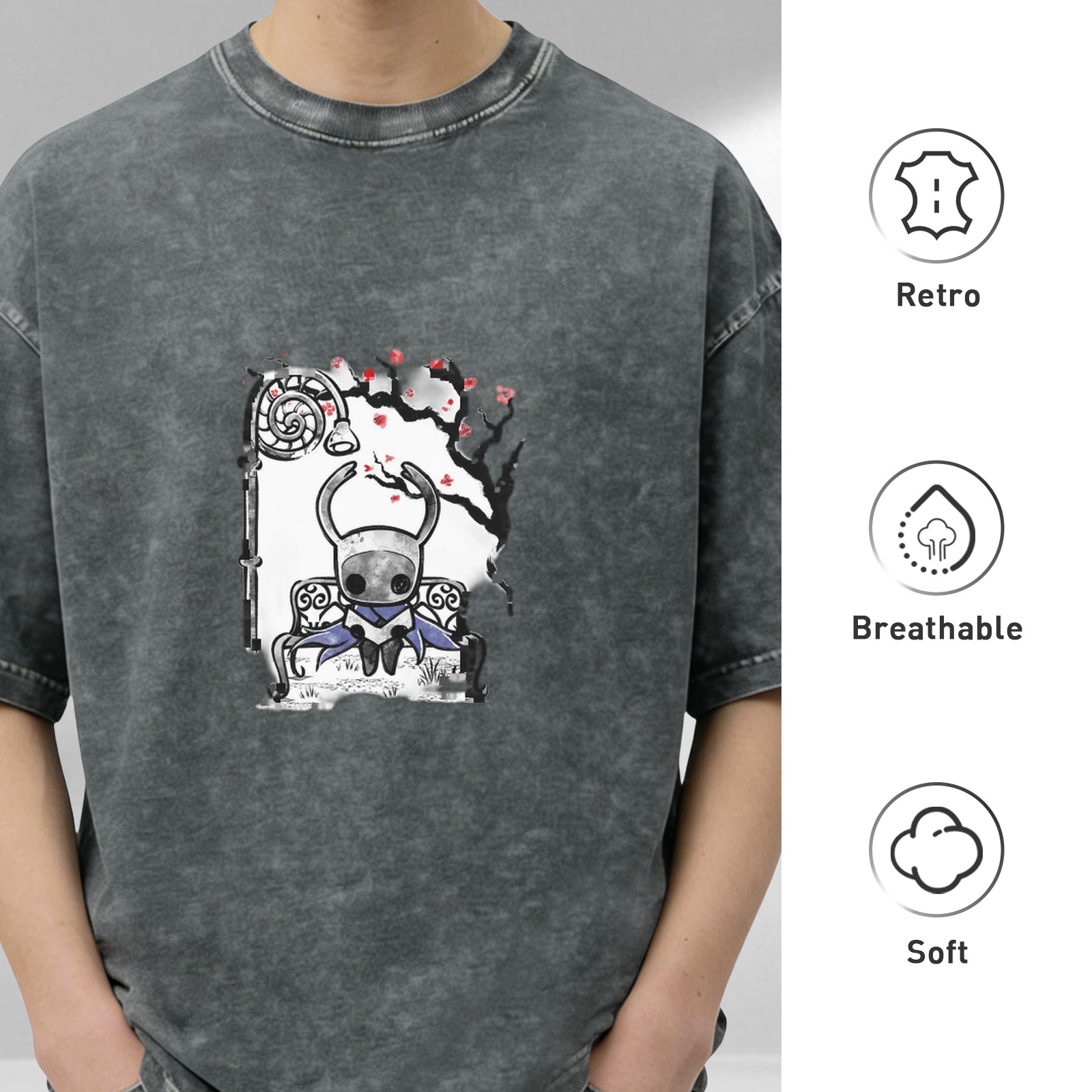 Washed black graphic t-shirt with Hollow Knight character on bench