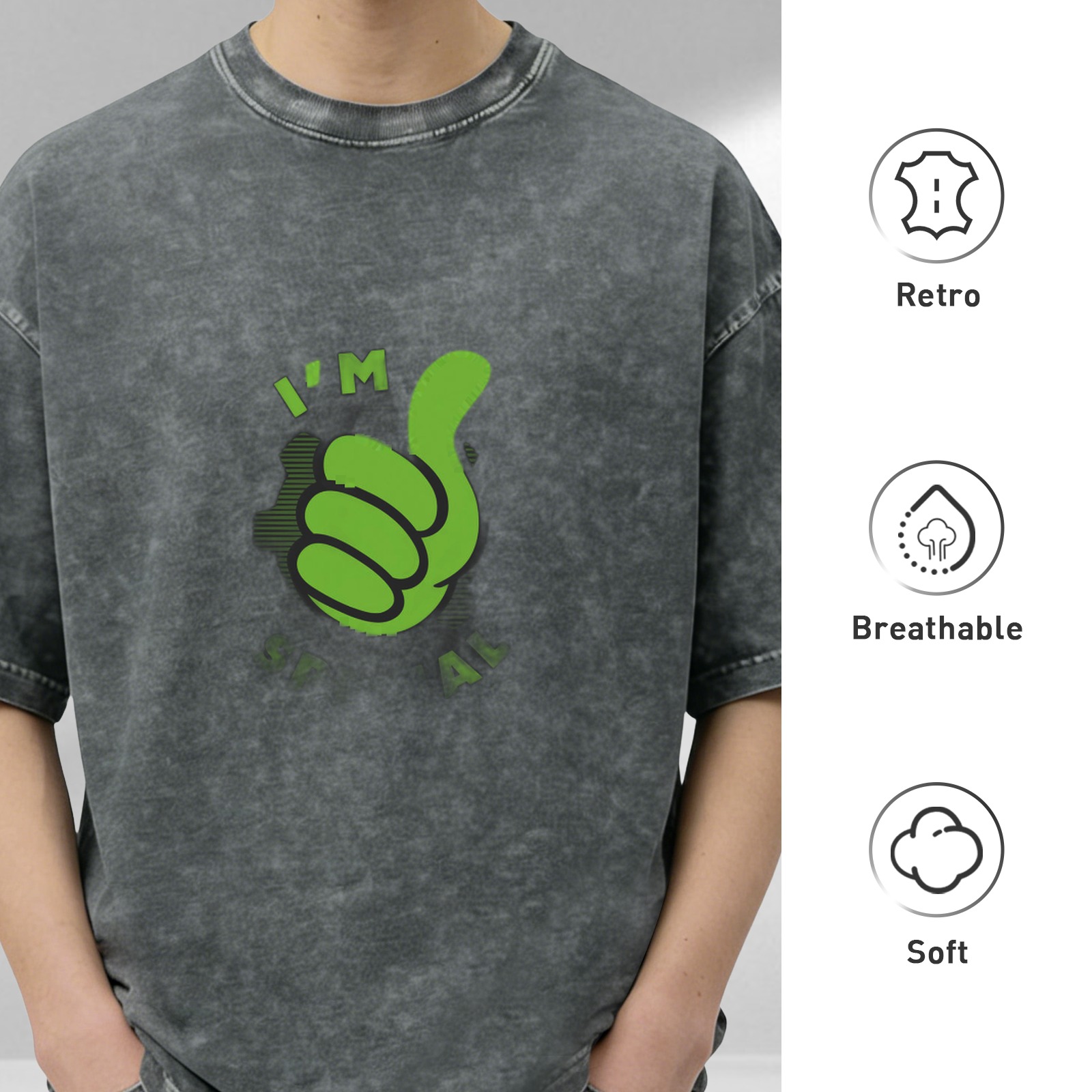 Oversized acid wash t-shirt with green thumbs up graphic
