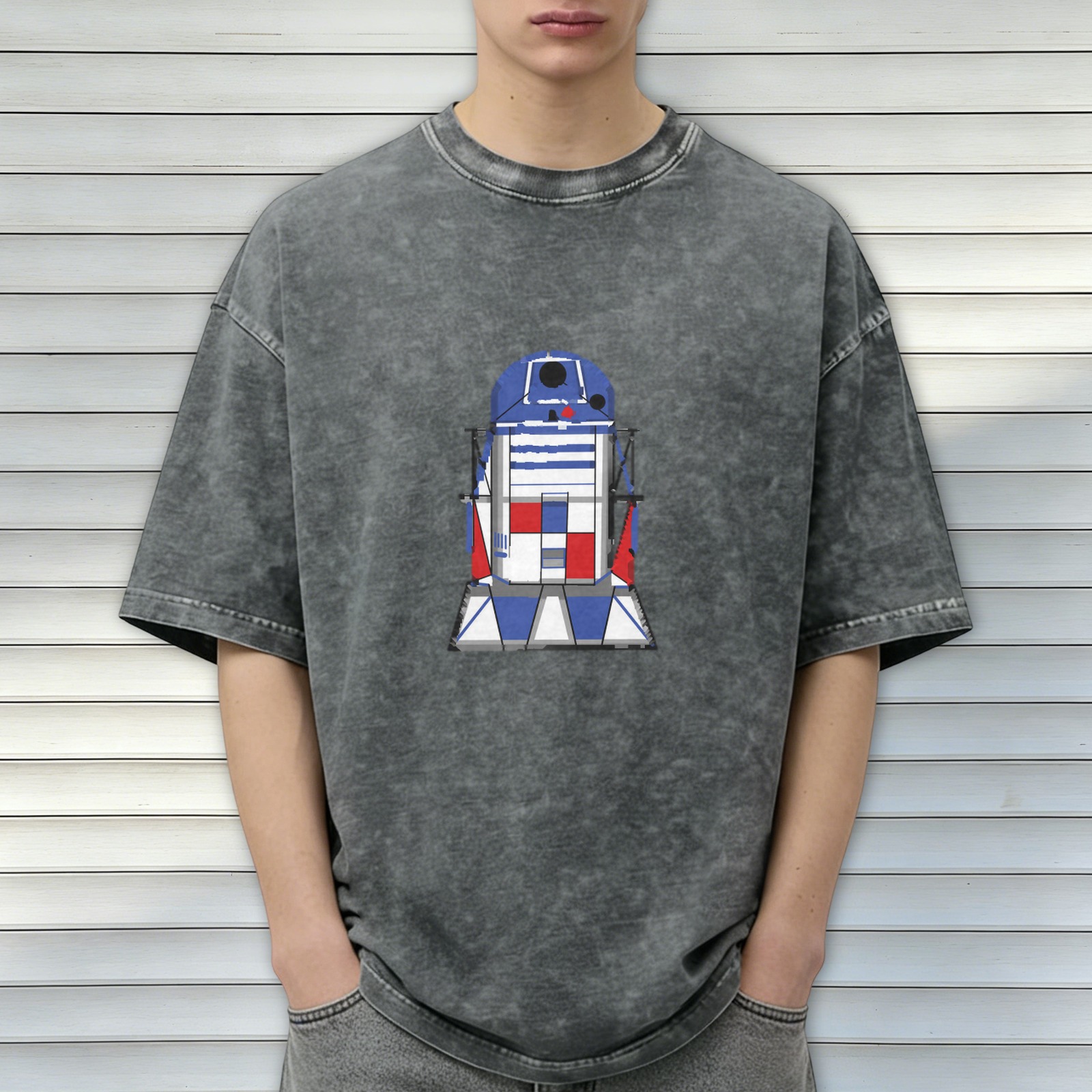 Washed Black T-Shirt with R2-D2 Graphic Print