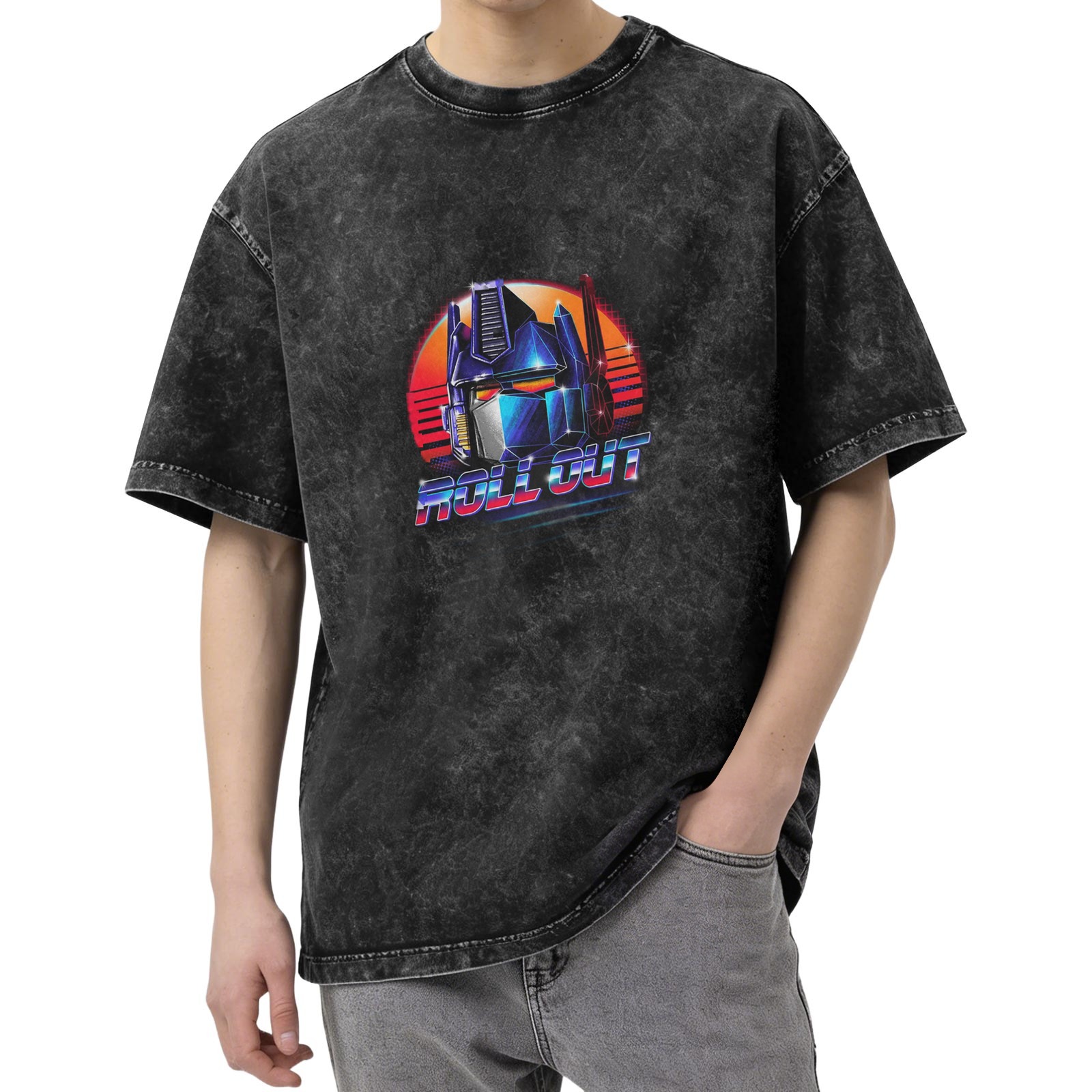 Retro 80s Transformers Optimus Prime 'Roll Out' Graphic Acid Wash T-Shirt