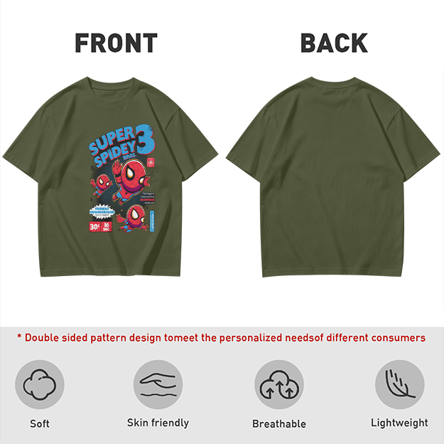 Olive T-shirt with Super Spidey 3 Chibi Spider-Man Graphic