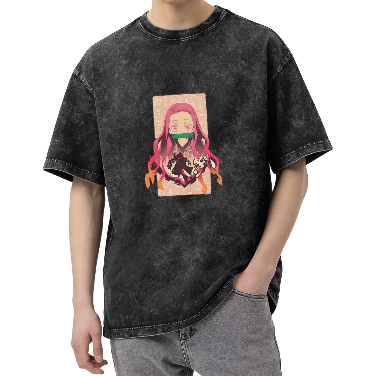 Demon Slayer: Kimetsu no Yaiba Nezuko themed distressed washed black short-sleeved T-shirt anime peripheral loose casual top