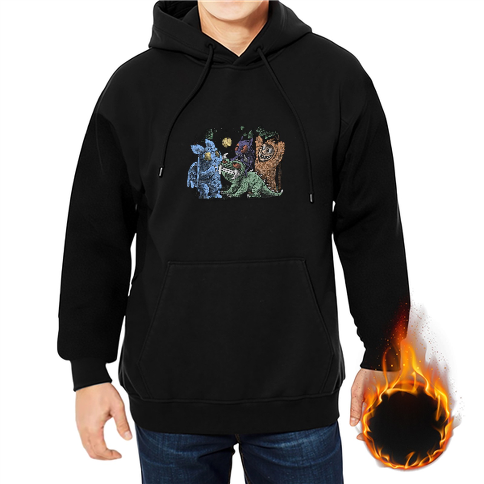 Black Hoodie With Fantasy Creature Graphic Print