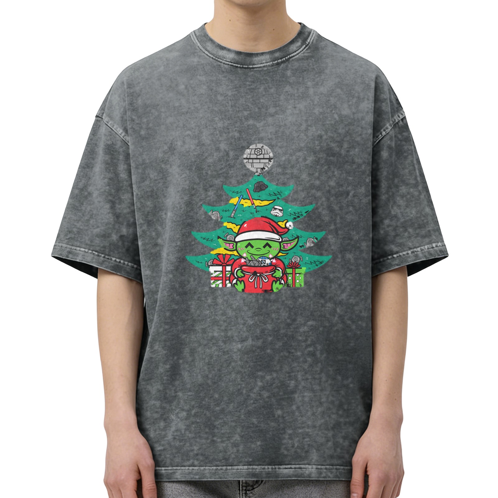 Washed Black T-Shirt with Star Wars Themed Christmas Yoda Design