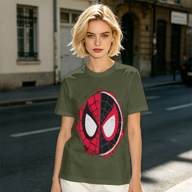 Olive T-Shirt with Split Spider-Man Mask Graphic