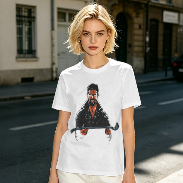 Olive T-Shirt With Bearded Man Holding Crowbar Graphic Print