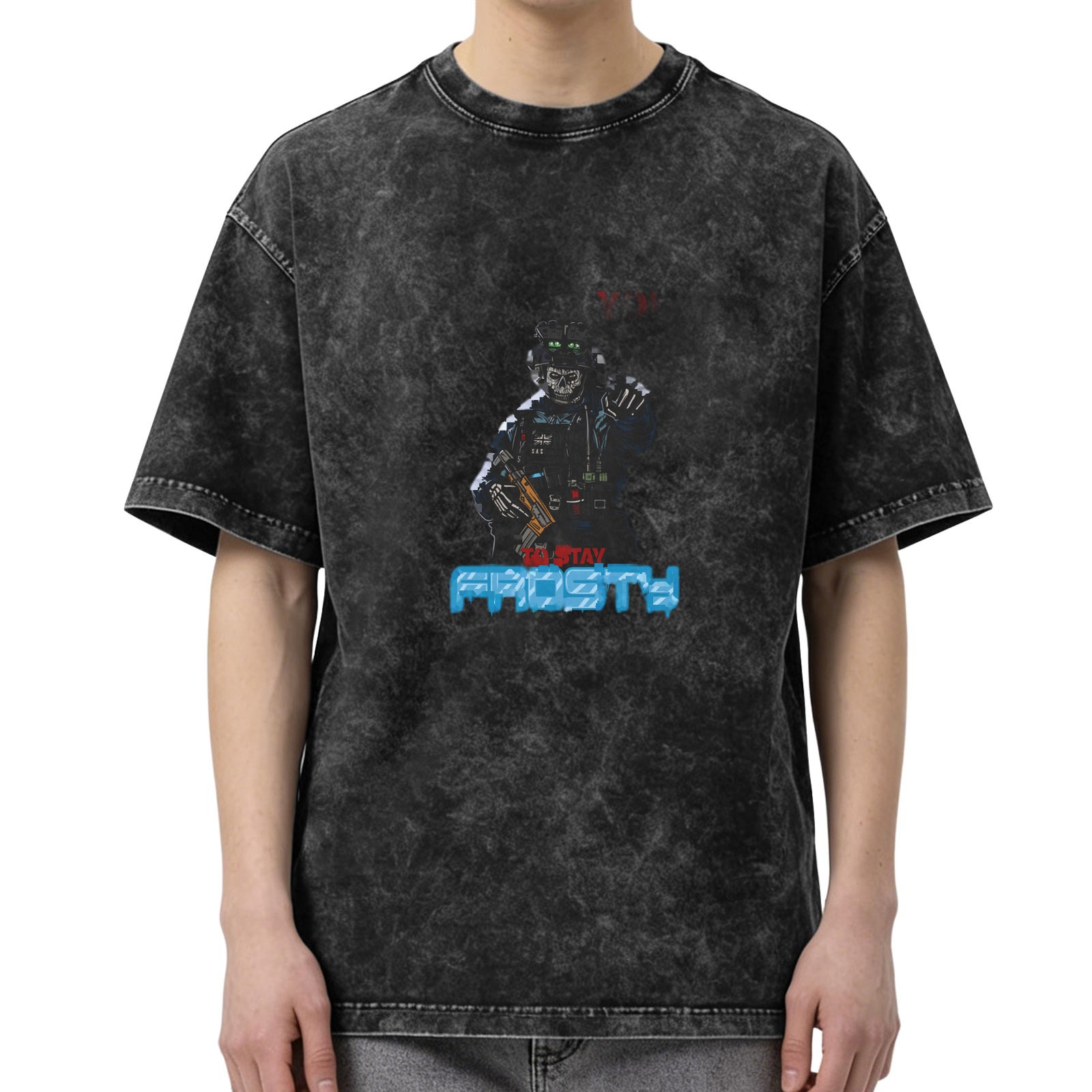 Oversized Dark Wash Graphic Tee with Stay Frosty Skeleton Soldier Print