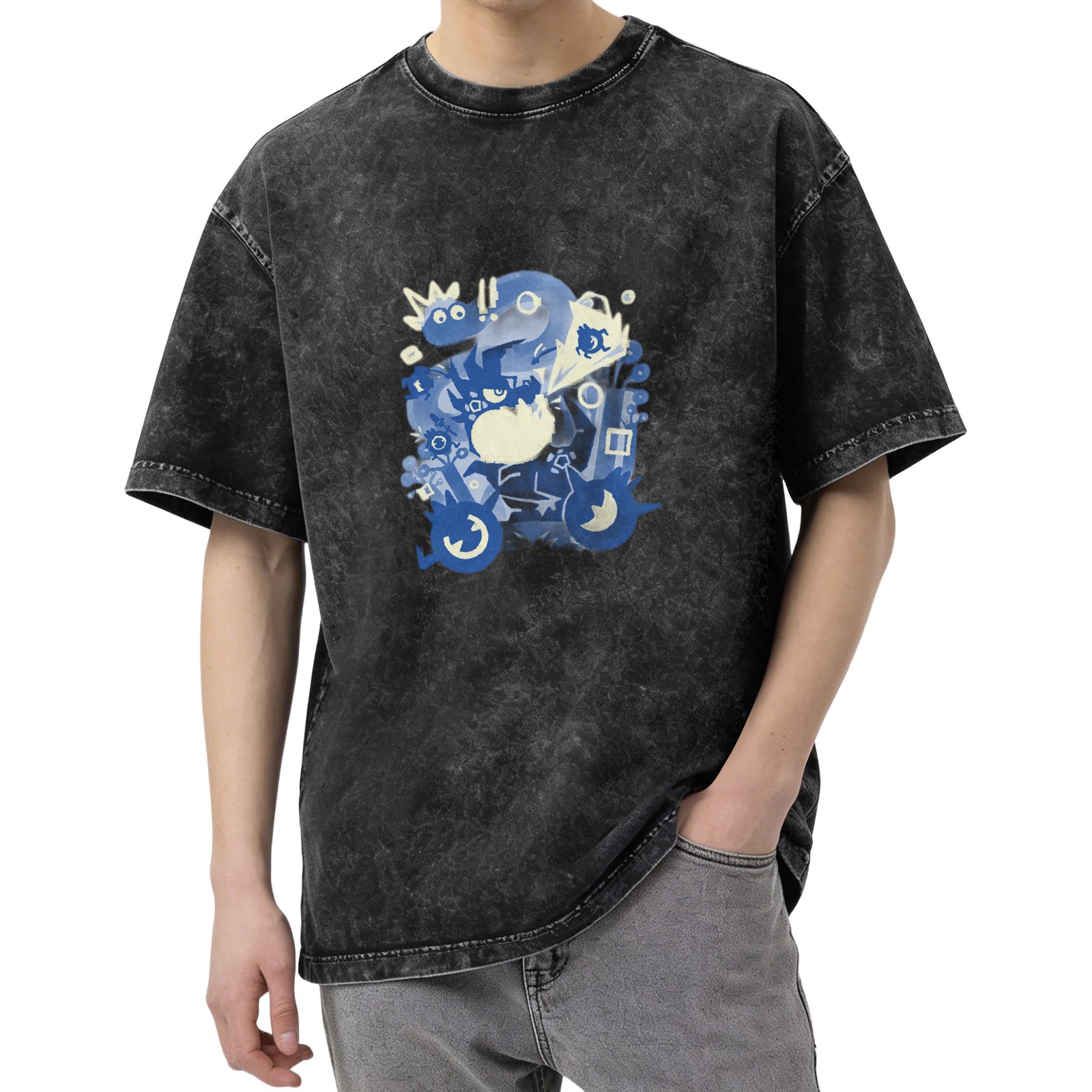 Oversized Washed Black T-Shirt With Blue Whimsical Graphic Print