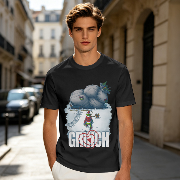 Grinch Stealing Christmas Gifts Snow Scene Graphic T-Shirt