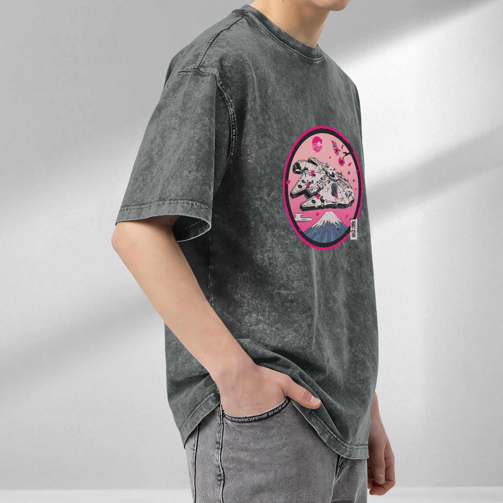 Star Wars Millennium Falcon Japanese Sakura Mount Fuji Acid Wash Oversized T-Shirt