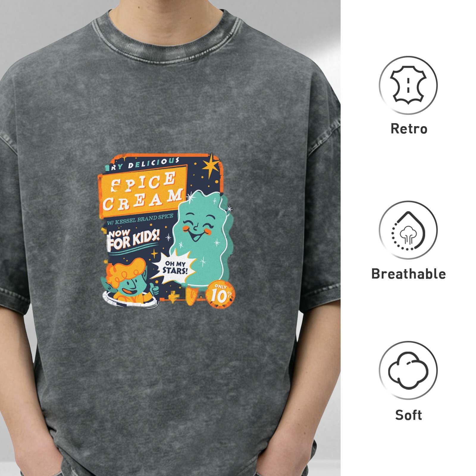 acid wash black t-shirt with retro space spice cream kids graphic