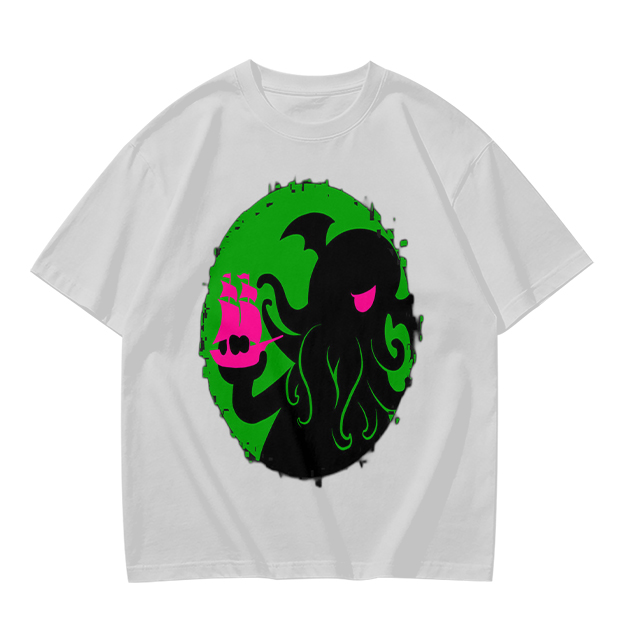 Olive T-Shirt With Cthulhu Holding Pink Ship Graphic Print