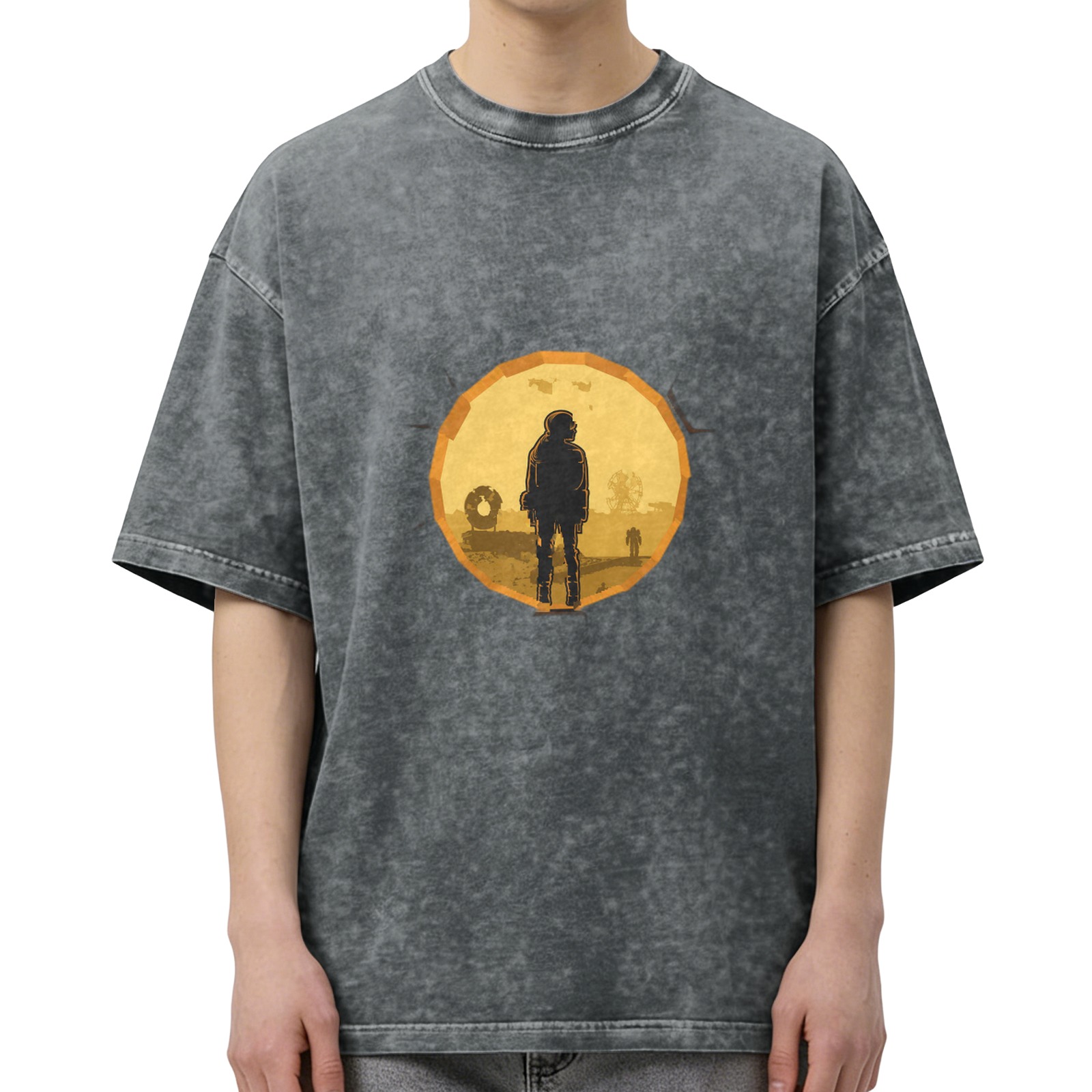 Washed Black Graphic T-Shirt with Lone Figure Silhouette Design