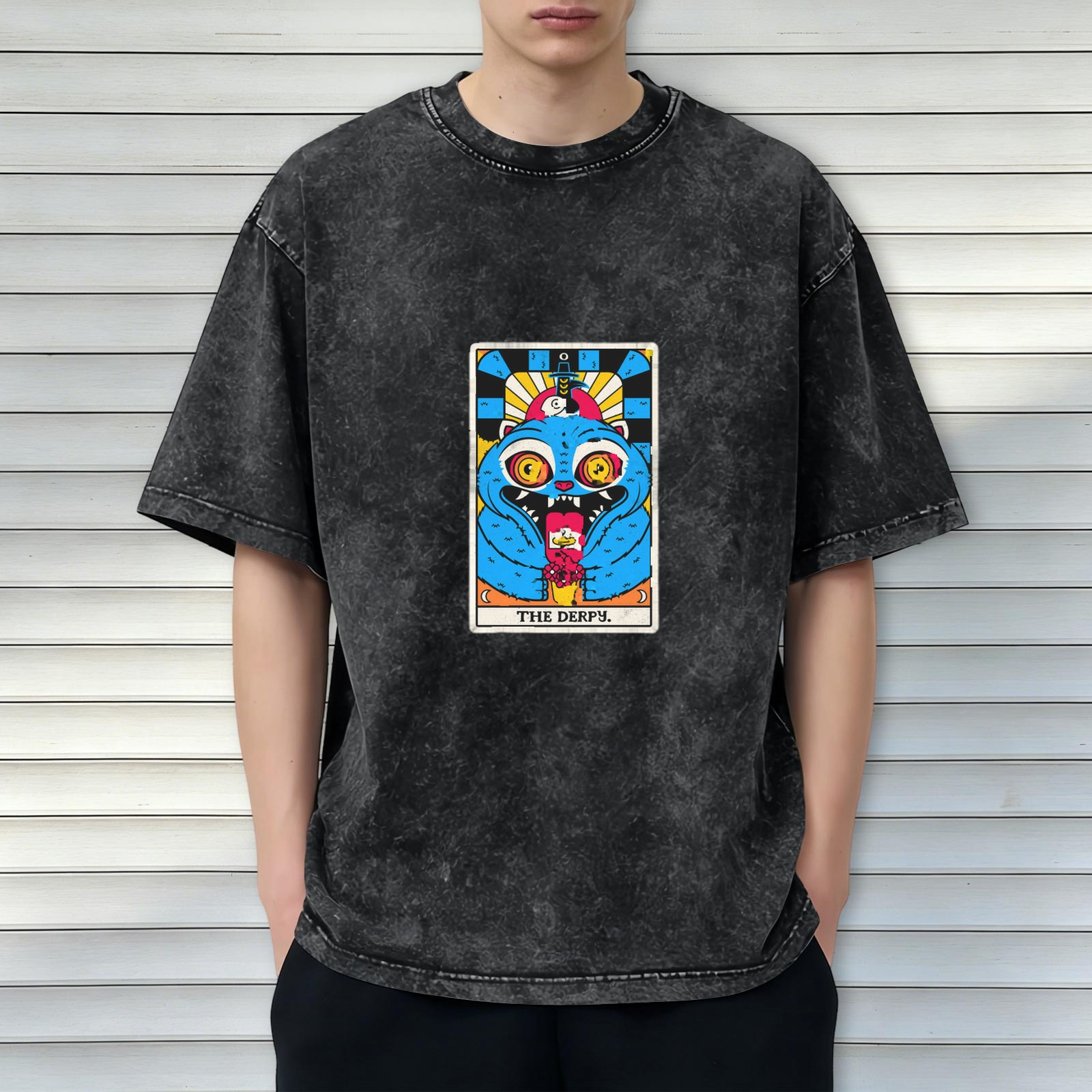 Distressed washed black loose short-sleeved T-shirt Fun tarot card style blue monster print top