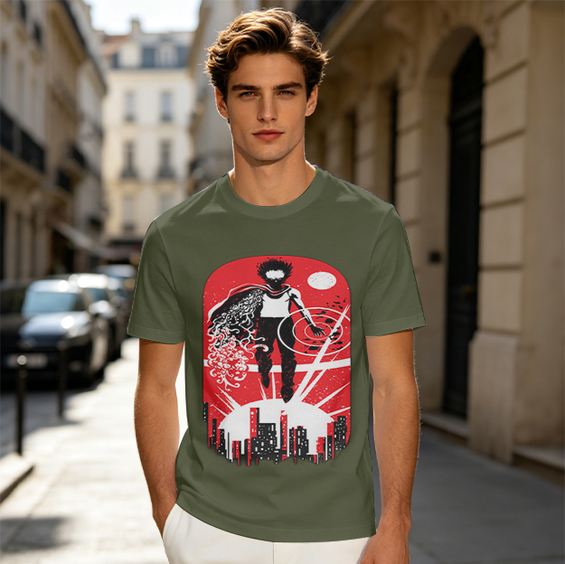 Olive T-Shirt With Anime Superhero Over City Graphic