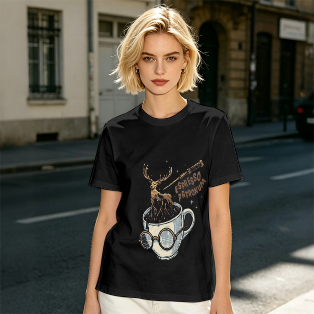 Olive T-Shirt with Espresso Patronum Deer Coffee Cup Art