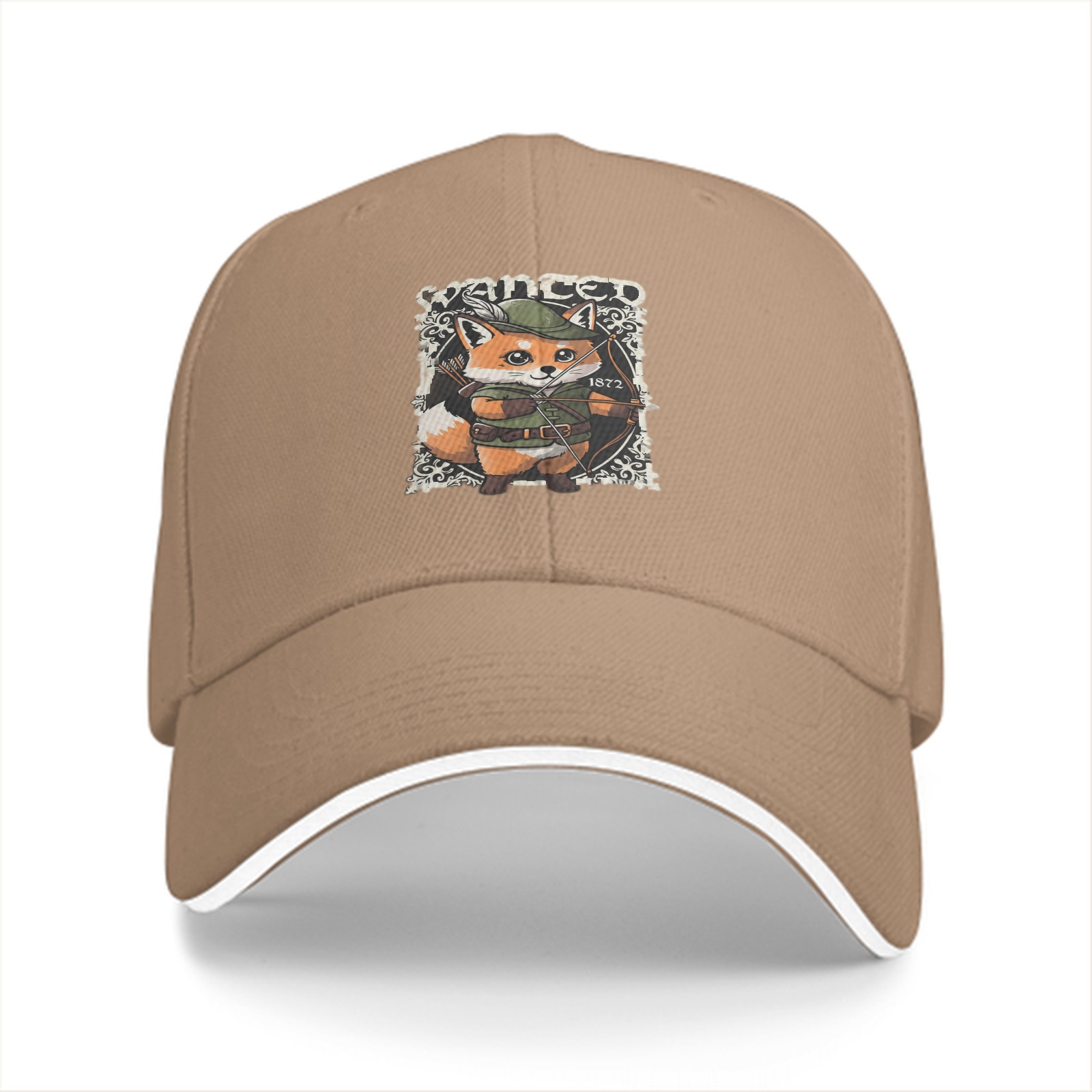 Black baseball cap with cute fox archer wanted print