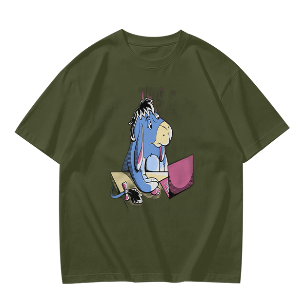 Olive T-Shirt Featuring Eeyore Using a Laptop
