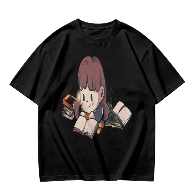 Olive T-shirt with Charming Girl Reading Books Graphic