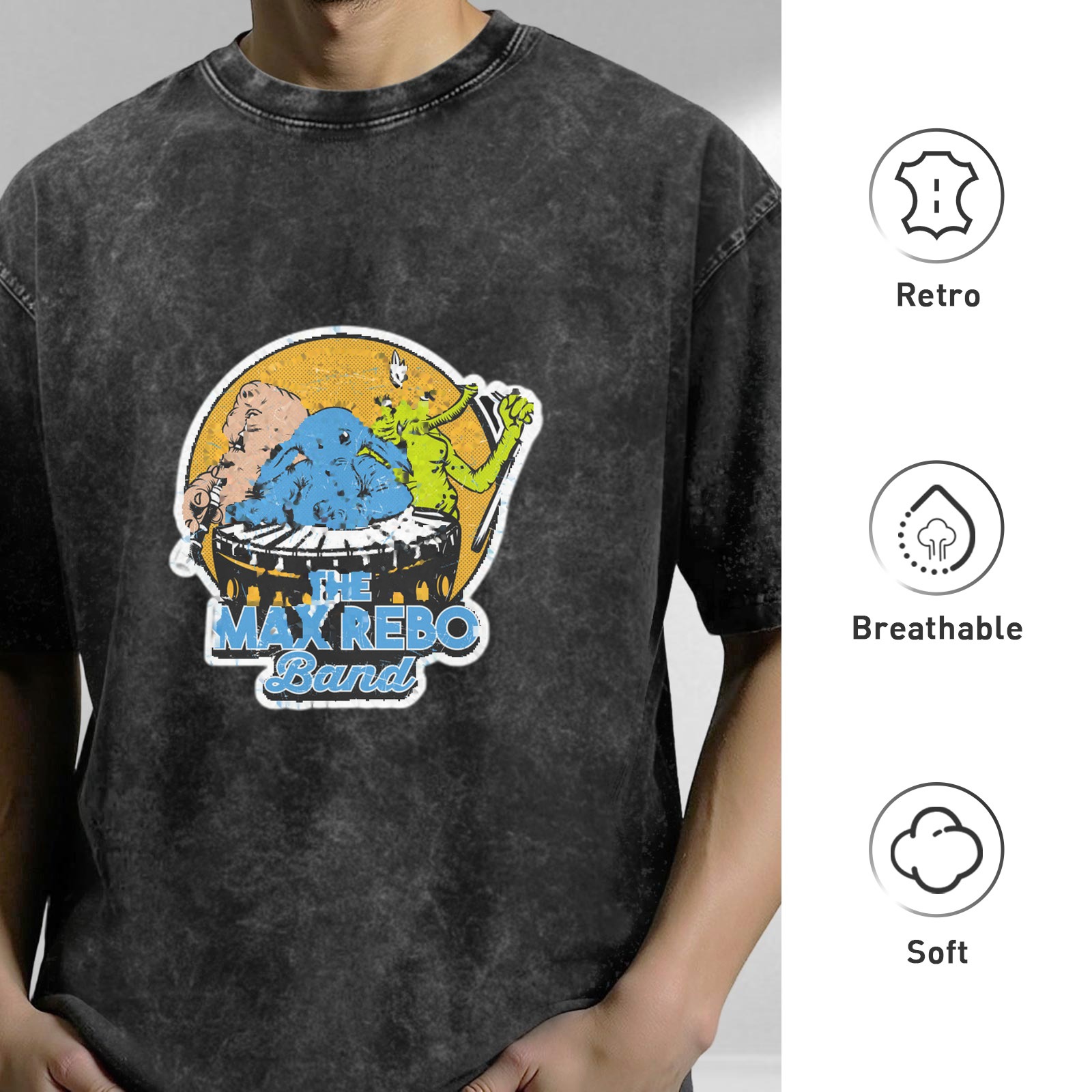 Distressed black short-sleeved T-shirt Star Wars Max Rebo Band band printed top