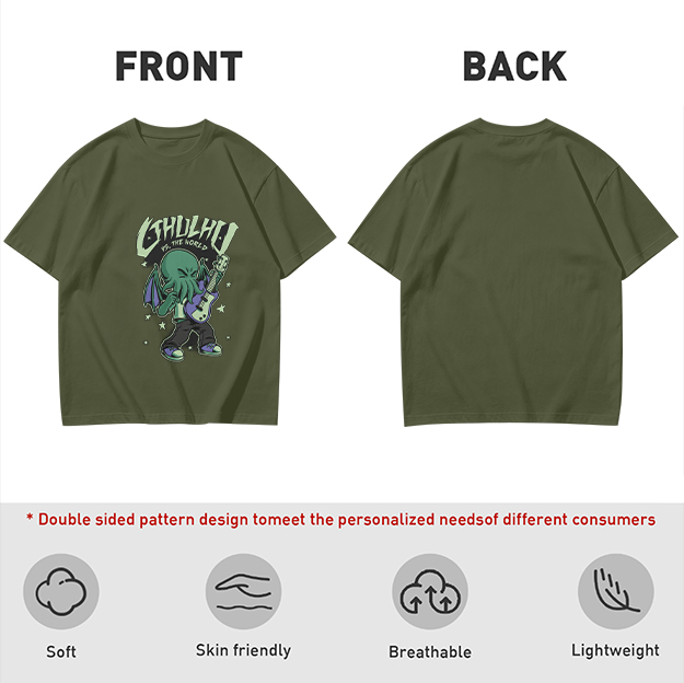 Olive T-Shirt Featuring Chibi Cthulhu Rocking a Guitar