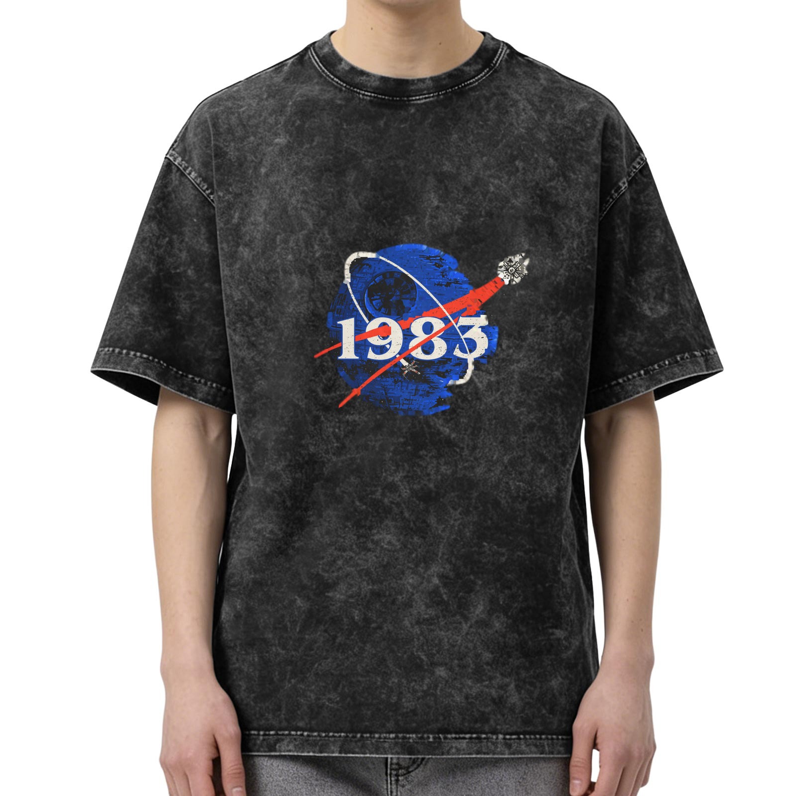 Vintage Wash Black T-Shirt With 1983 Space Graphic Print