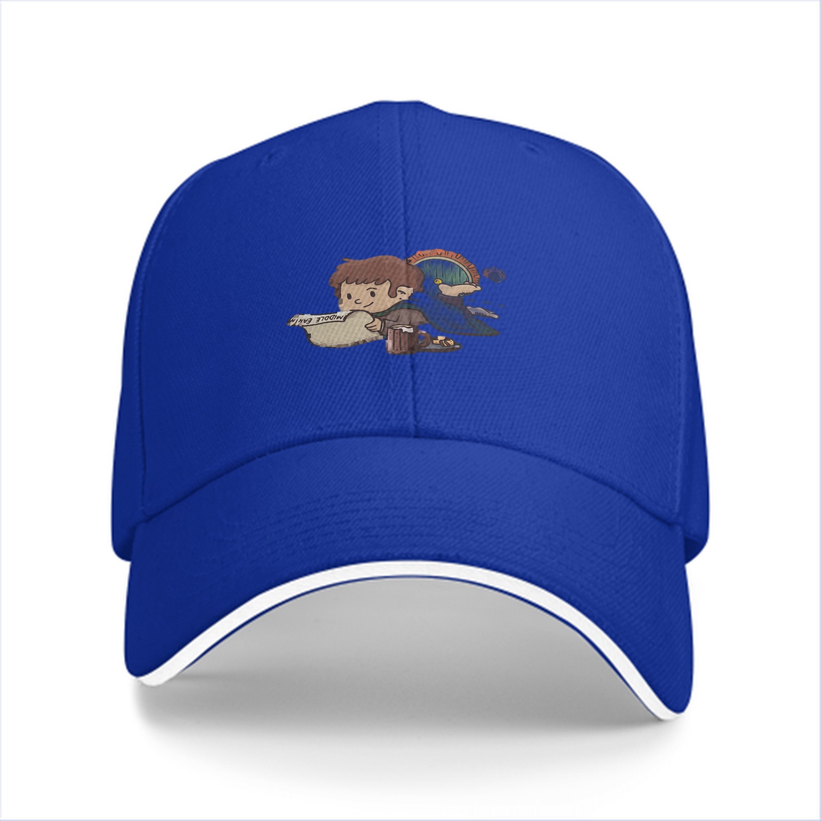 Black Baseball Cap with Cute Hobbit Character Print