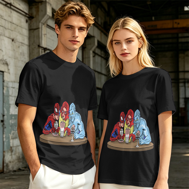 Olive T-Shirt With Superhero Characters Sharing Drinks Print