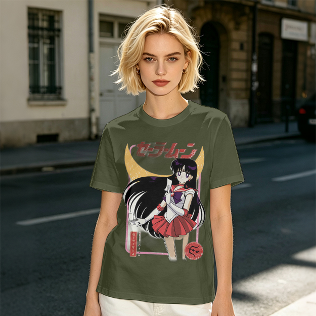 Olive T-shirt with Sailor Mars Anime Graphic Print