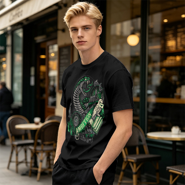 Olive Green T-Shirt With Slytherin Ambition Snake Owl Graphic