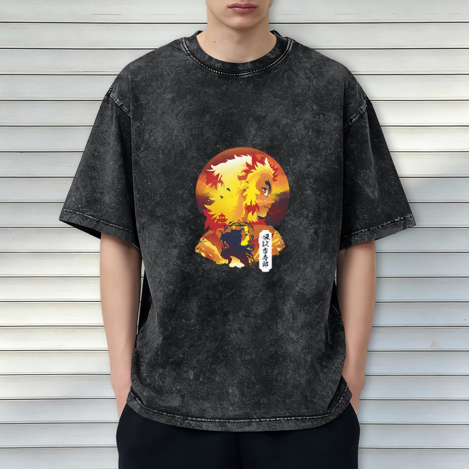 Demon Slayer Rengoku Kyoujurou Flame Hashira Anime Graphic Vintage Wash T-Shirt