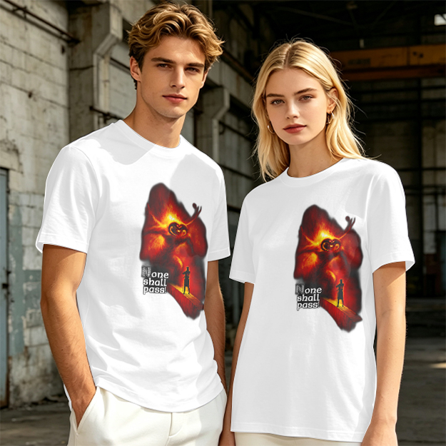 Olive T-Shirt with 'None Shall Pass' Fire Demon Graphic