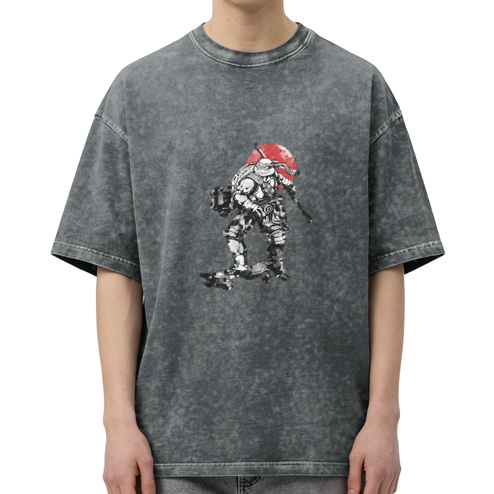Washed Black Oversized T-Shirt With Ninja Turtle And Red Sun Graphic