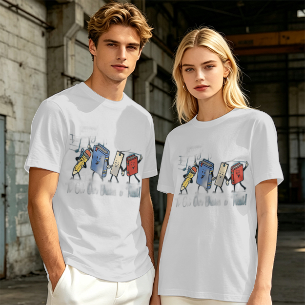 Olive Green T-Shirt with Cartoon School Supplies Graphic