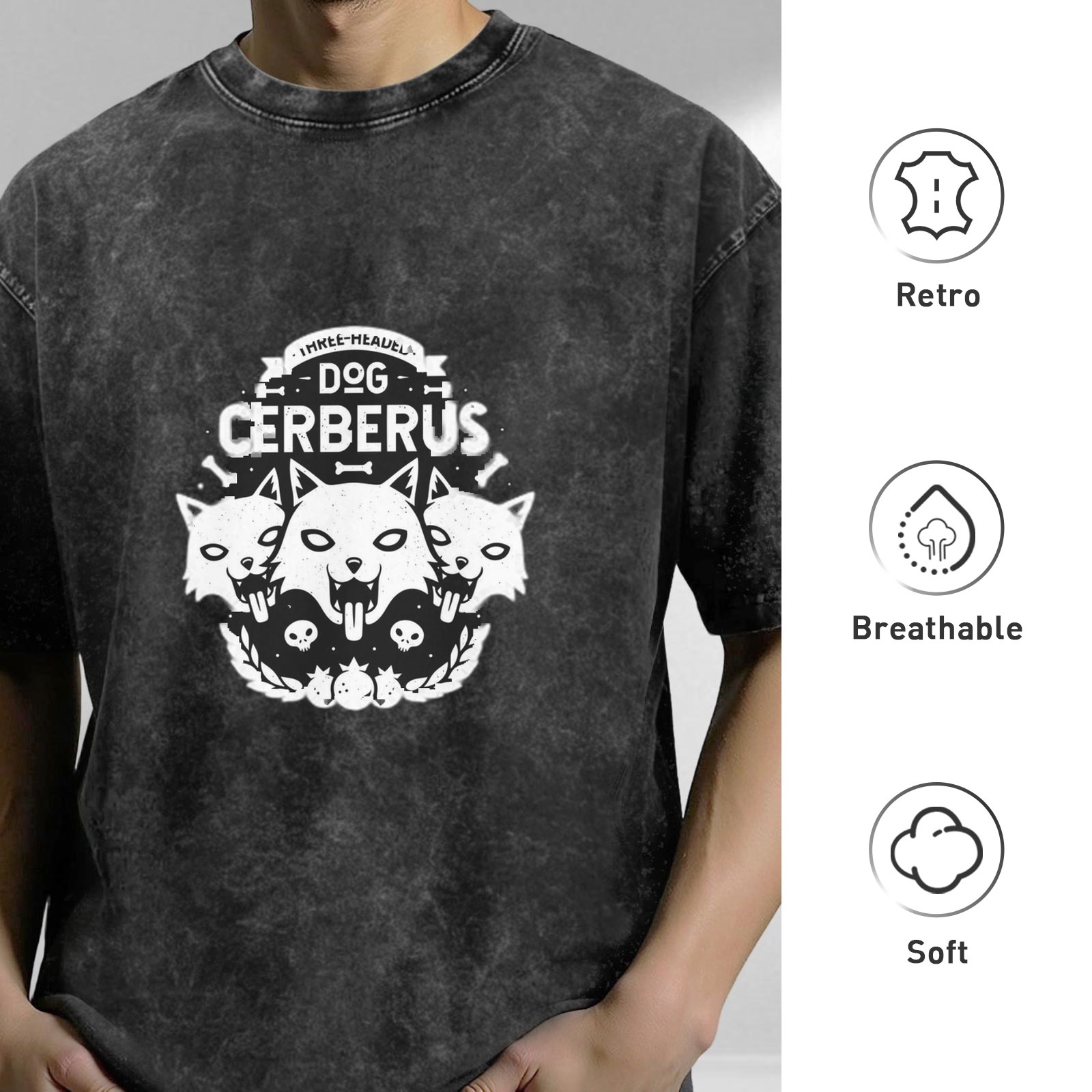 Oversized dark wash graphic t-shirt with three-headed Cerberus dog design