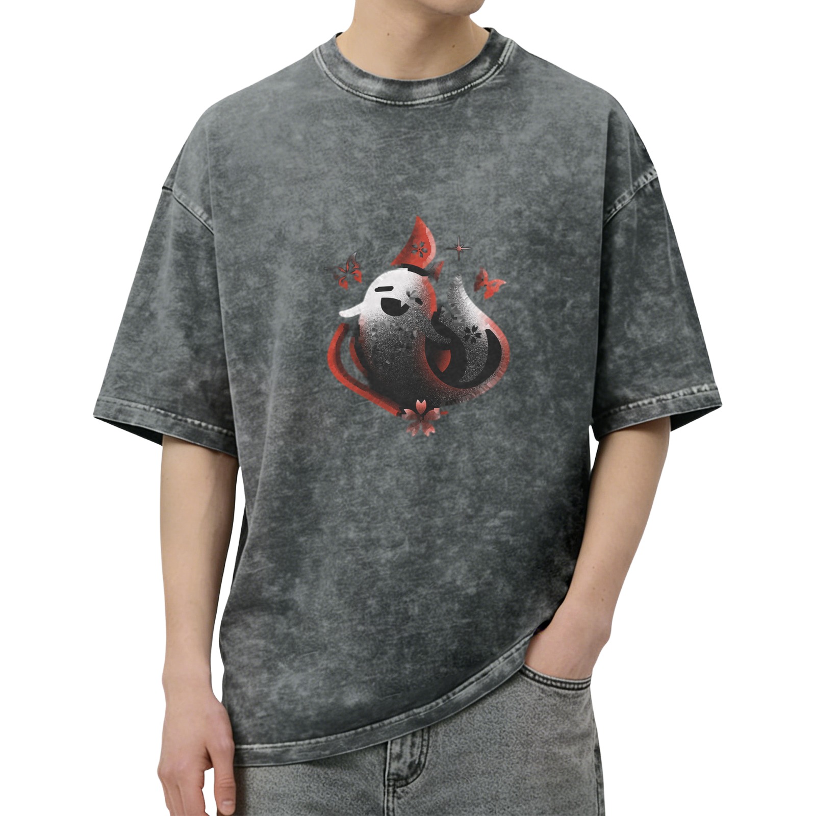 Washed black graphic t-shirt with cute ghost and fox print