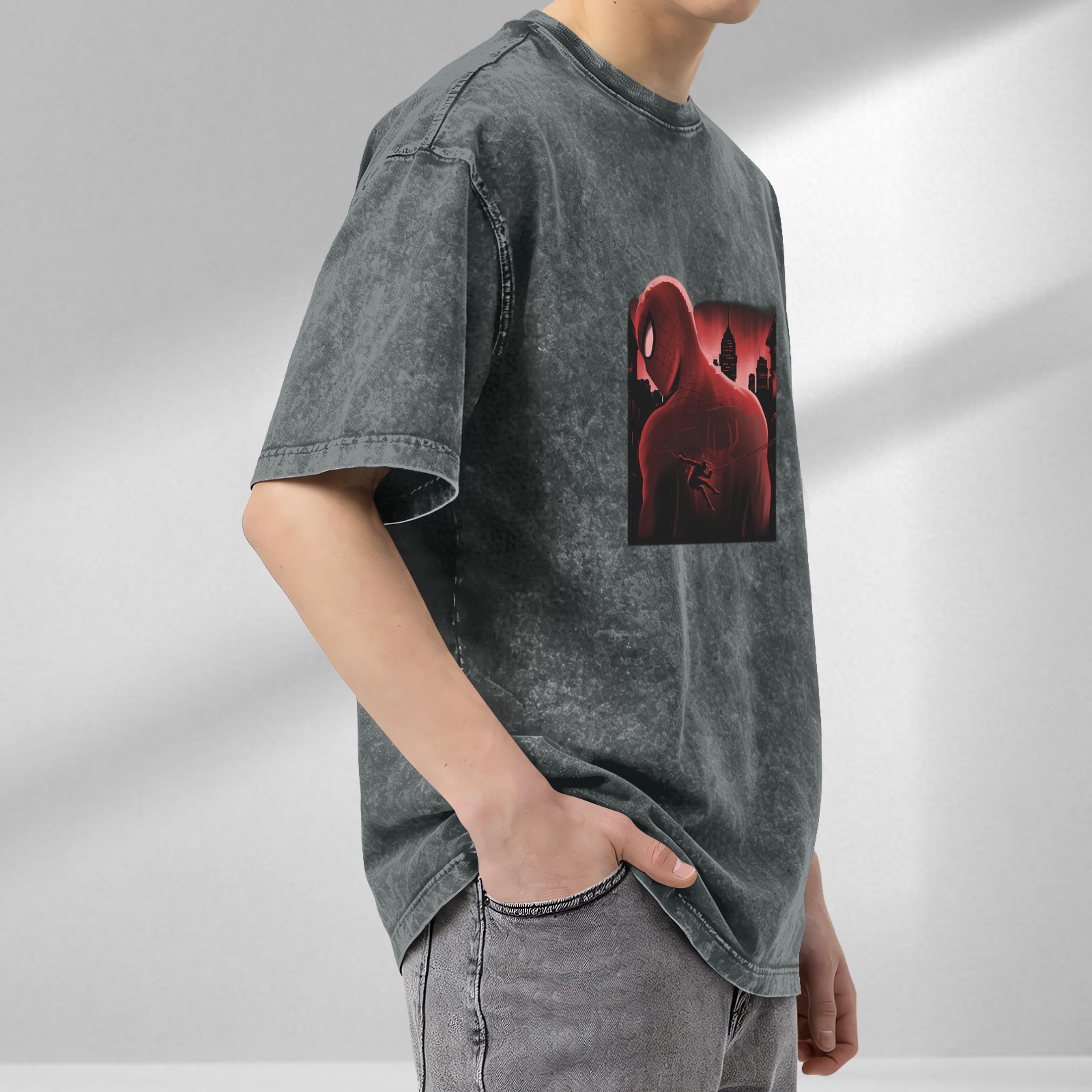 Washed Black Oversized T-Shirt with Spider-Man Cityscape Graphic
