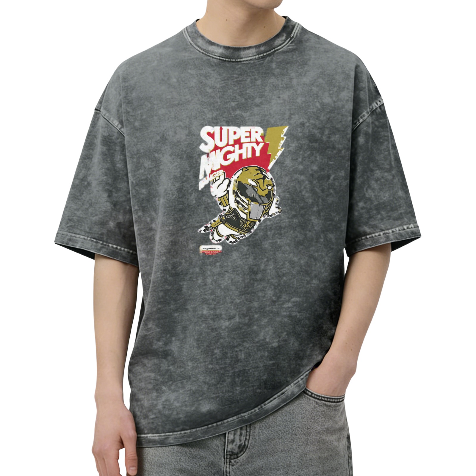 Washed Black Graphic T-Shirt with Super Mighty Hero Print