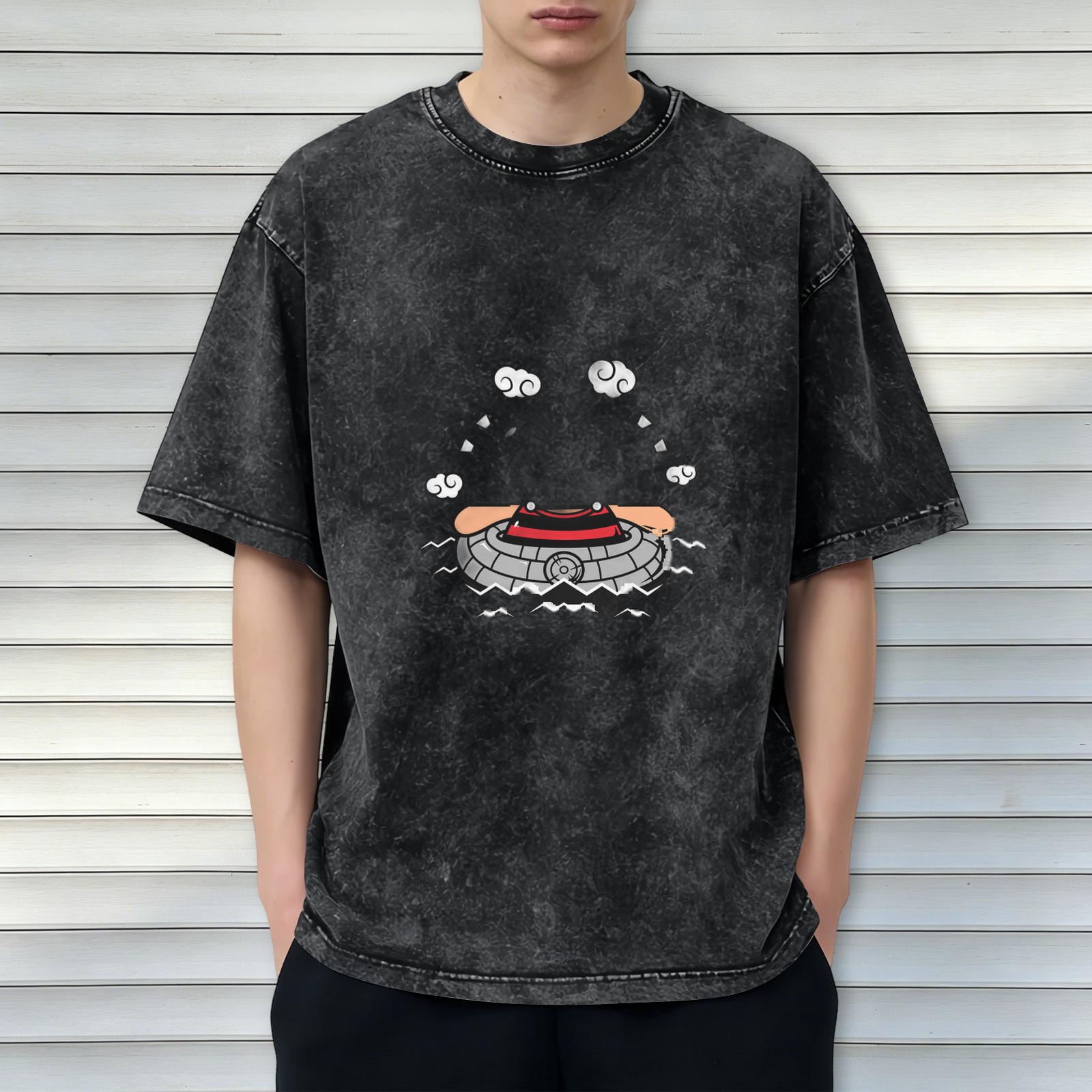 Washed Black T-Shirt With UFO Emerging From Water Graphic