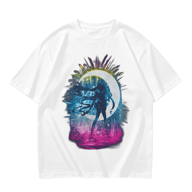 Olive T-Shirt with Crescent Moon Anime Character Silhouette Art