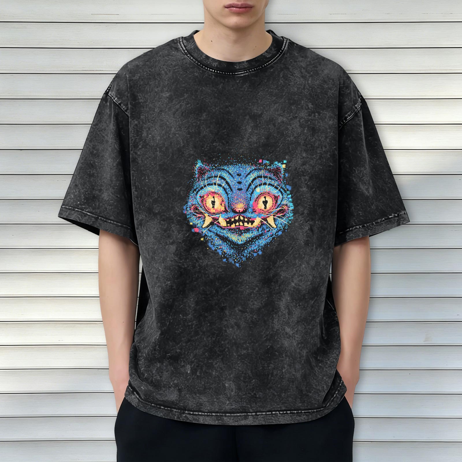 Oversized Acid Wash T-Shirt With Psychedelic Blue Cat Graphic