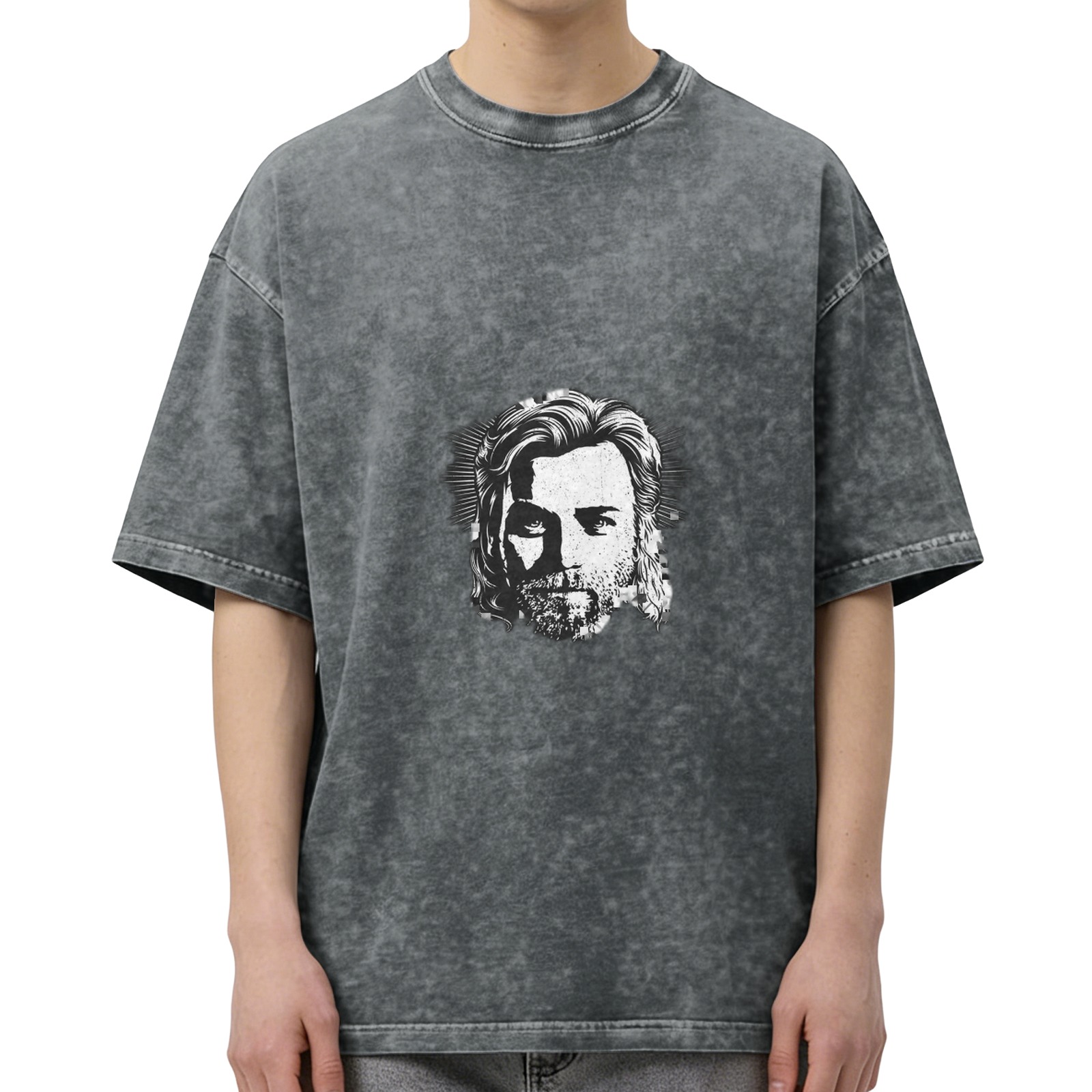 Distressed washed black loose short-sleeved T-shirt with portrait printed on the front