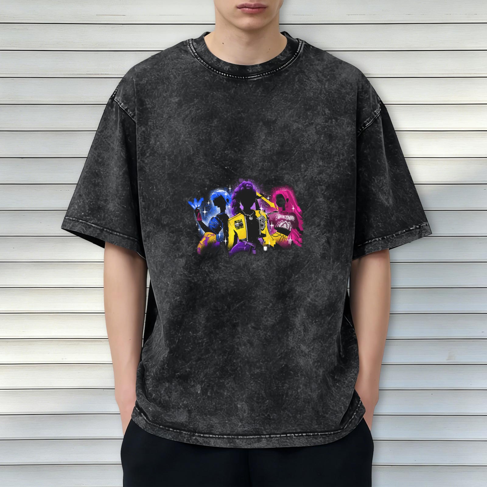 Oversized Acid Wash T-Shirt With Neon Anime Character Silhouette Graphic