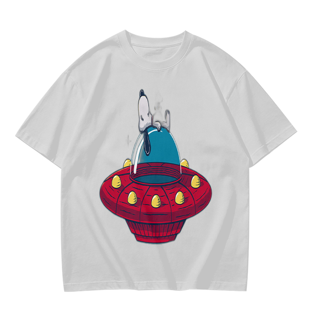 Olive T-Shirt Featuring Snoopy Relaxing in a Red UFO