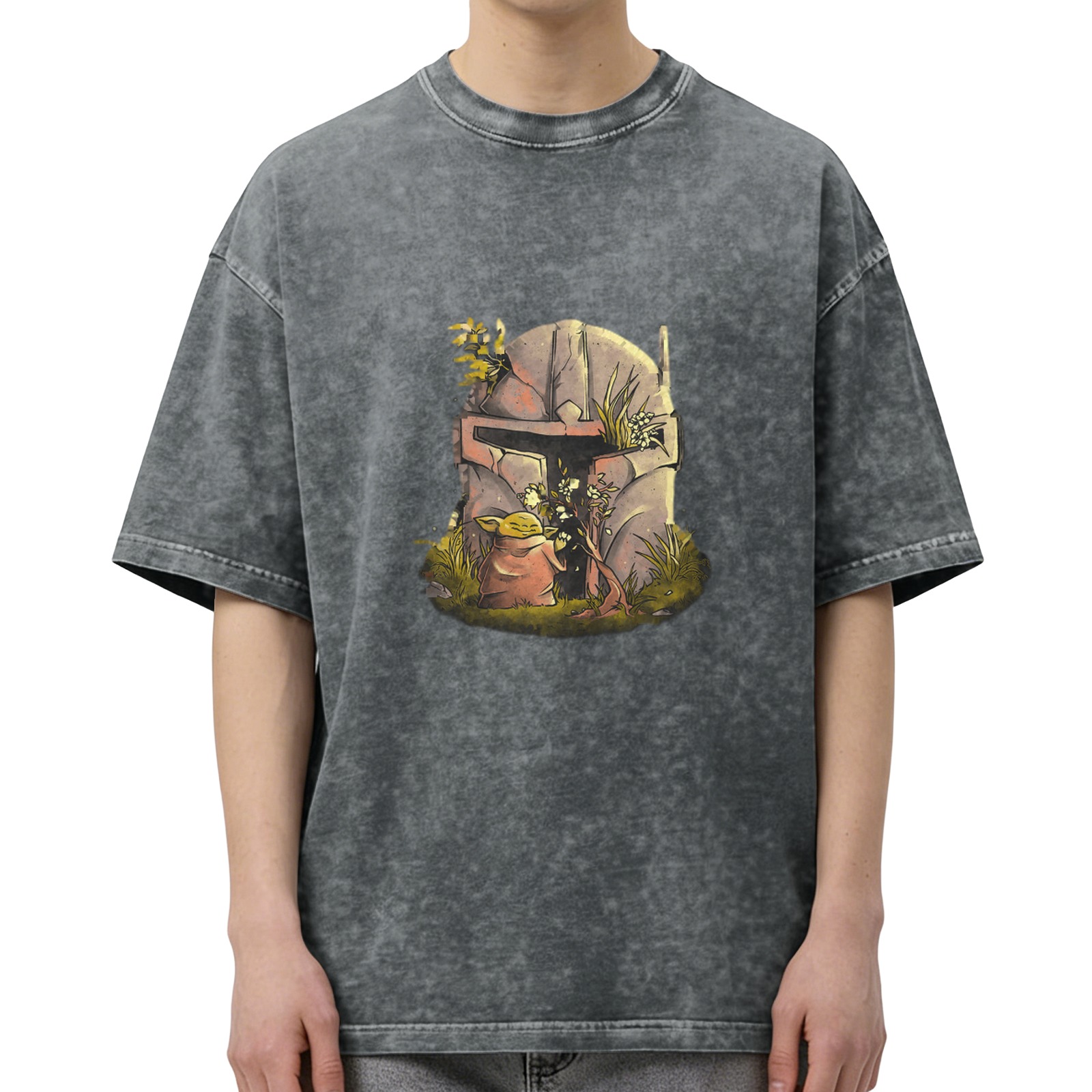 Star Wars Baby Yoda Mandalorian Helmet Graphic Acid Wash T-Shirt