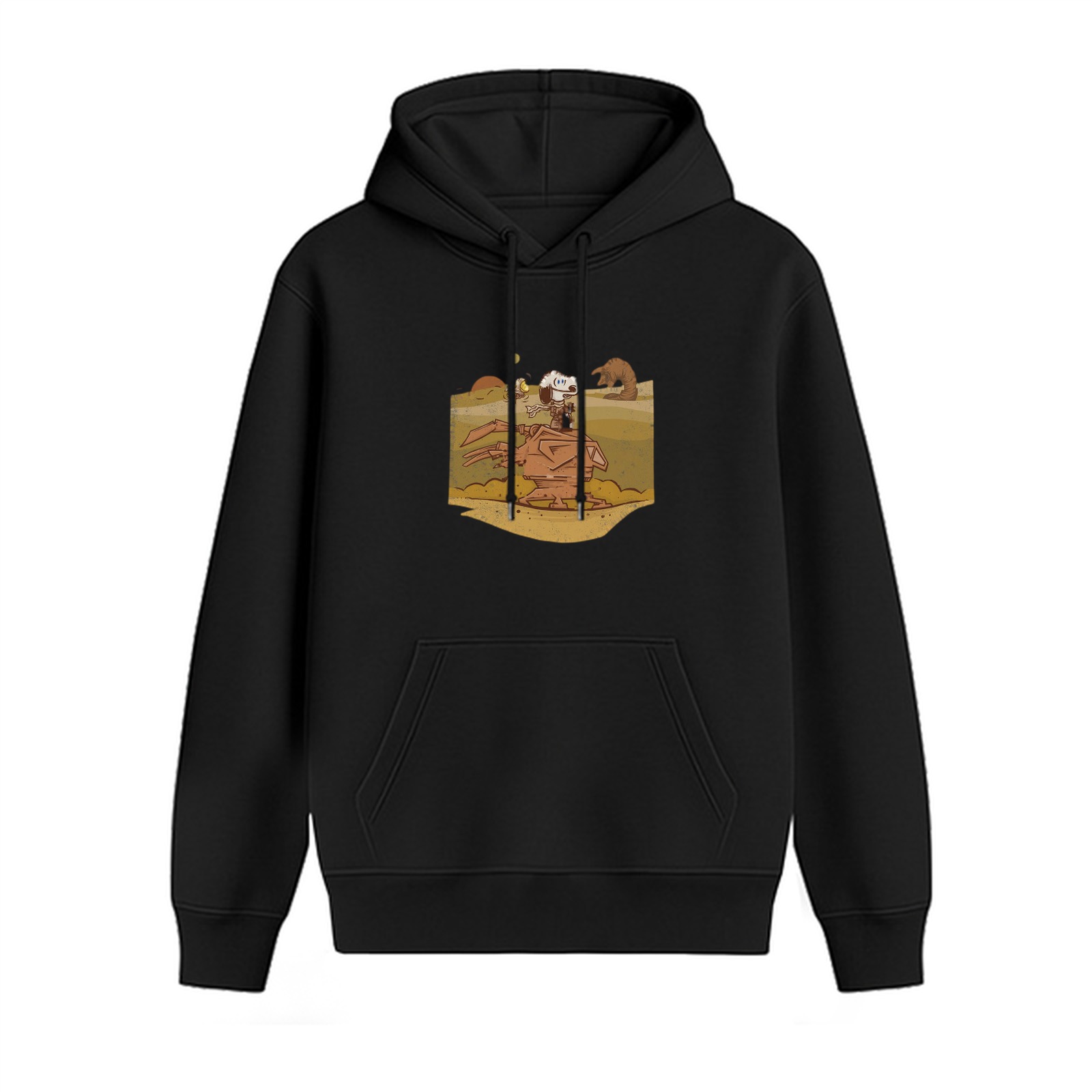 Black hoodie with desert sci-fi dog riding walker graphic