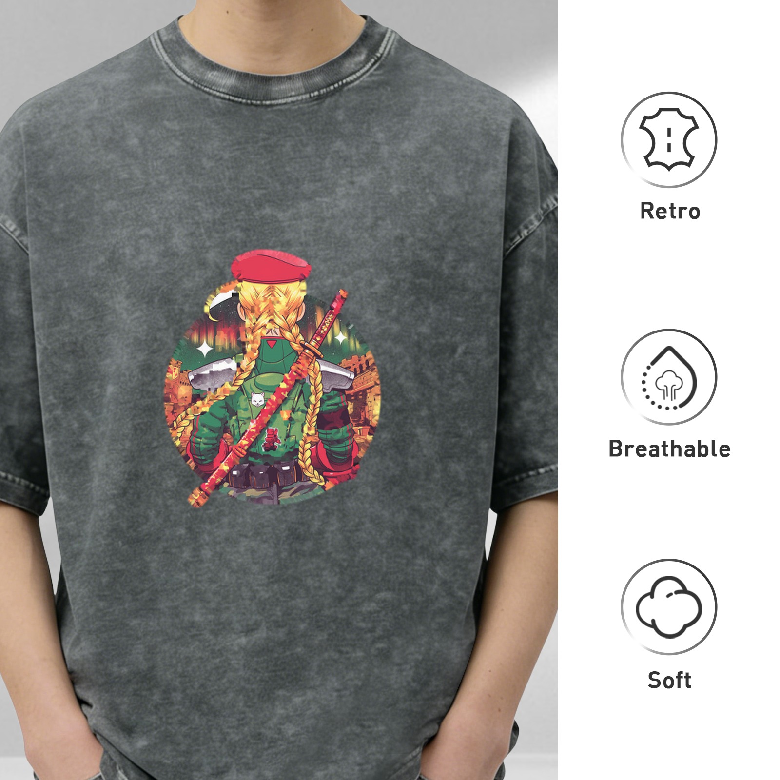 Oversized black washed t-shirt with anime character graphic print